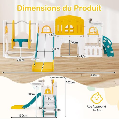 10 En 1 Toboggan Enfant Pliable En Hdpe Avec Balançoire et Panier De Basketball (jaune)