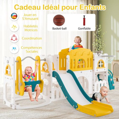 10 En 1 Toboggan Enfant Pliable En Hdpe Avec Balançoire et Panier De Basketball (jaune)