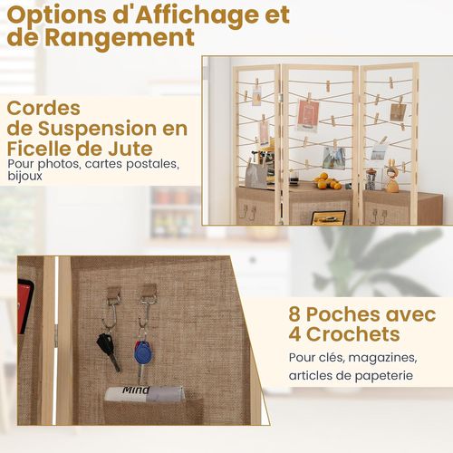 Paravent Interieur 3 Panneaux 170 × 120 Cm, Pliable, 8 Poches, 4 Crochets, 20 Pinces