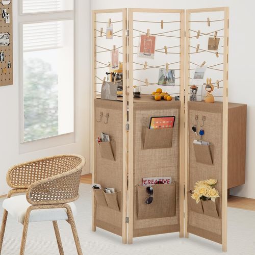 Paravent Interieur 3 Panneaux 170 × 120 Cm, Pliable, 8 Poches, 4 Crochets, 20 Pinces