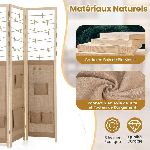 Paravent Interieur 3 Panneaux 170 × 120 Cm, Pliable, 8 Poches, 4 Crochets, 20 Pinces