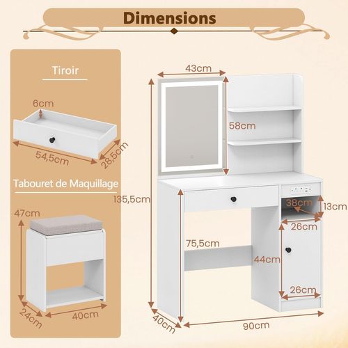 Coiffeuse Avec Miroir Et Tabouret, Coiffeuse Avec Rangement, 3 Modes D'éclairage, Blanc