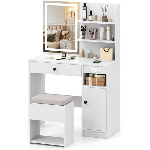 Coiffeuse Avec Miroir Et Tabouret, Coiffeuse Avec Rangement, 3 Modes D'éclairage, Blanc