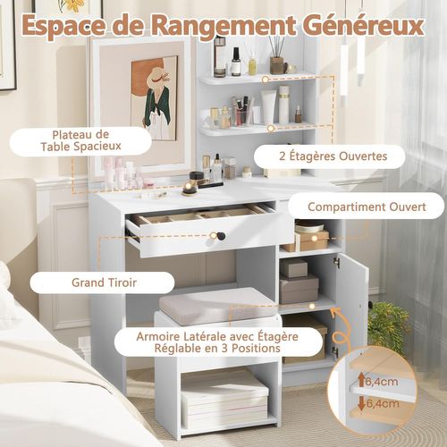 Coiffeuse Avec Miroir Et Tabouret, Coiffeuse Avec Rangement, 3 Modes D'éclairage, Blanc