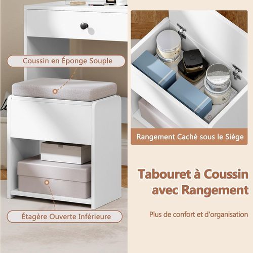 Coiffeuse Avec Miroir Et Tabouret, Coiffeuse Avec Rangement, 3 Modes D'éclairage, Blanc