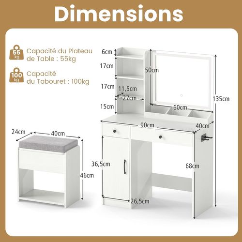 Coiffeuse Avec Miroir Et Tabouret, Coiffeuse Avec Rangement, Lumières Et Luminosité Réglable, Blanc