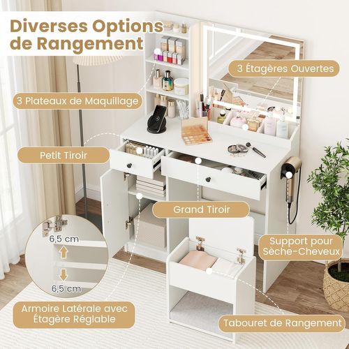 Coiffeuse Avec Miroir Et Tabouret, Coiffeuse Avec Rangement, Lumières Et Luminosité Réglable, Blanc