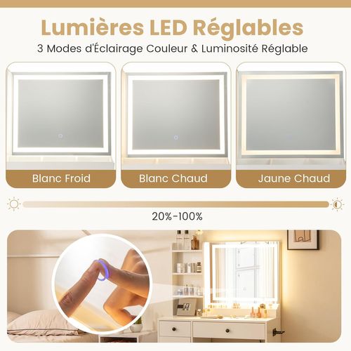 Coiffeuse Avec Miroir Et Tabouret, Coiffeuse Avec Rangement, Lumières Et Luminosité Réglable, Blanc