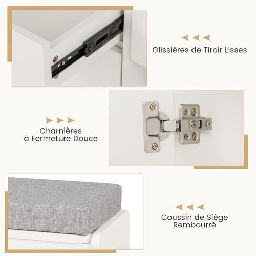 Coiffeuse Avec Miroir Et Tabouret, Coiffeuse Avec Rangement, Lumières Et Luminosité Réglable, Blanc