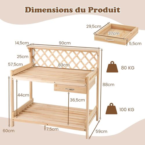Table De Rempotage En Bois De Sapin Avec Treillis à Claire-voie et Tiroir Amovible