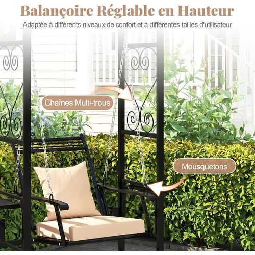 Balancelle Jardin Toit Arqué 2 Treillis Coussins Amovibles Charge 160kg,140x112x196cm,noir