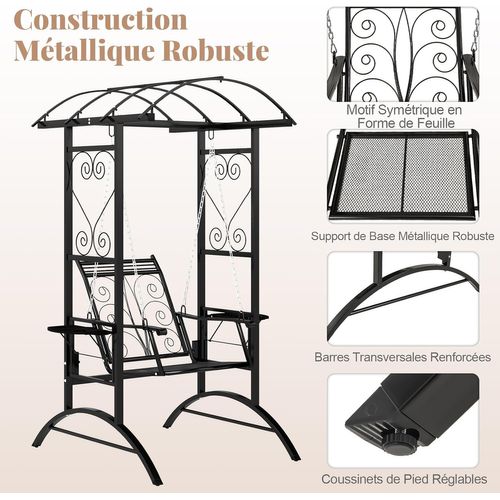 Balancelle Jardin Toit Arqué 2 Treillis Coussins Amovibles Charge 160kg,140x112x196cm,noir