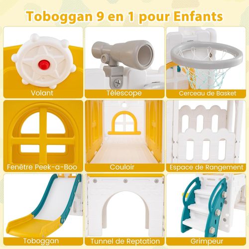 9 En 1 Toboggan Enfant En Hdpe Avec Échelle et Panier De Basketball, Aire De Jeux Intérieure (jaune)