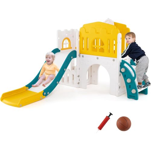 9 En 1 Toboggan Enfant En Hdpe Avec Échelle et Panier De Basketball, Aire De Jeux Intérieure (jaune)