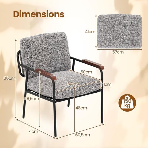 Fauteuil D'accent, Chaise De Salon Avec Coussin Dorsal, Siège Large Rembourré, Gris