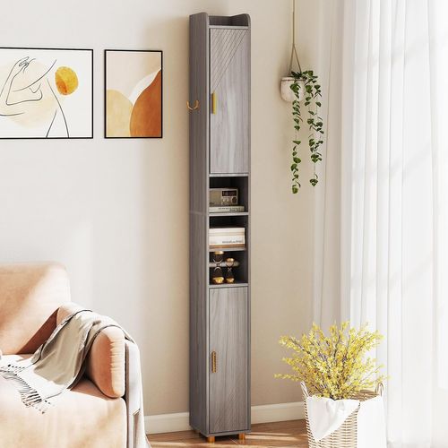Armoire De Salle De Bain Haute, Organiseur Étroit Avec 2 Portes Et Étagères Réglables(gris)