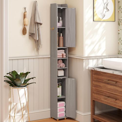 Armoire De Salle De Bain Haute, Organiseur Étroit Avec 2 Portes Et Étagères Réglables(gris)