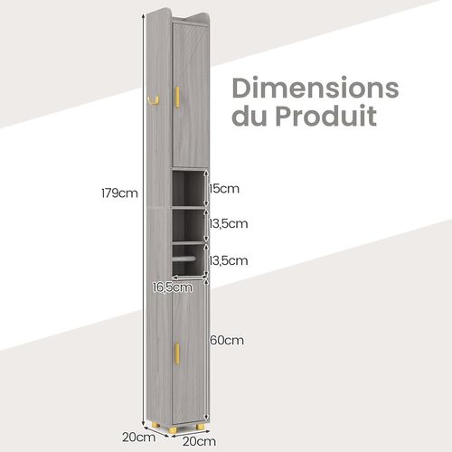 Armoire De Salle De Bain Haute, Organiseur Étroit Avec 2 Portes Et Étagères Réglables(gris)