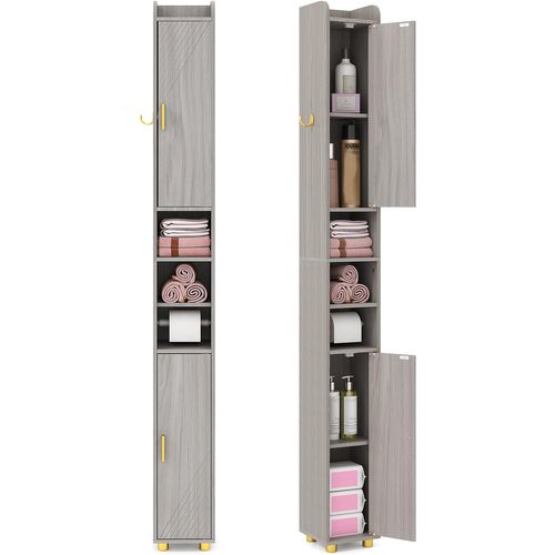 Armoire De Salle De Bain Haute, Organiseur Étroit Avec 2 Portes Et Étagères Réglables(gris)