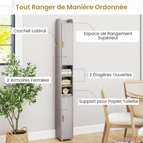 Armoire De Salle De Bain Haute, Organiseur Étroit Avec 2 Portes Et Étagères Réglables(gris)