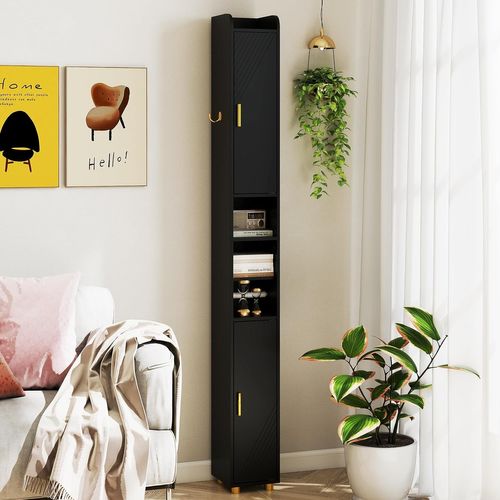 Armoire De Salle De Bain Haute, Organiseur Étroit Avec 2 Portes Et Étagères Réglables (noir)