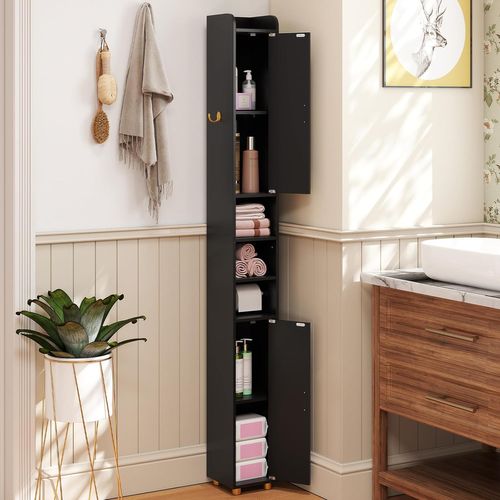 Armoire De Salle De Bain Haute, Organiseur Étroit Avec 2 Portes Et Étagères Réglables (noir)