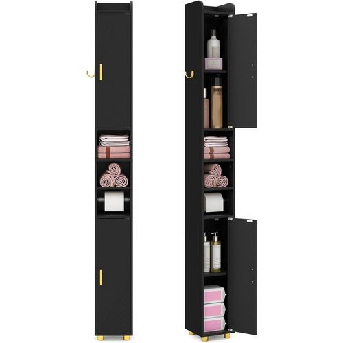Armoire De Salle De Bain Haute, Organiseur Étroit Avec 2 Portes Et Étagères Réglables (noir)