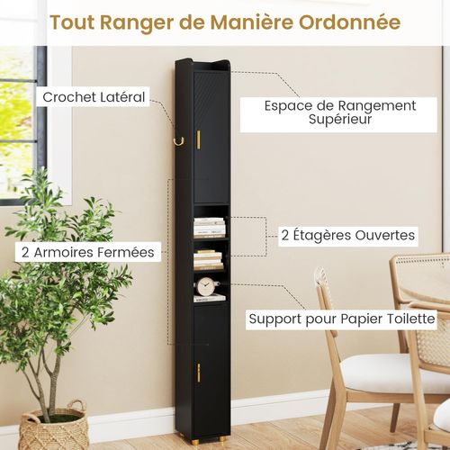 Armoire De Salle De Bain Haute, Organiseur Étroit Avec 2 Portes Et Étagères Réglables (noir)