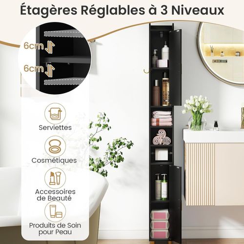 Armoire De Salle De Bain Haute, Organiseur Étroit Avec 2 Portes Et Étagères Réglables (noir)