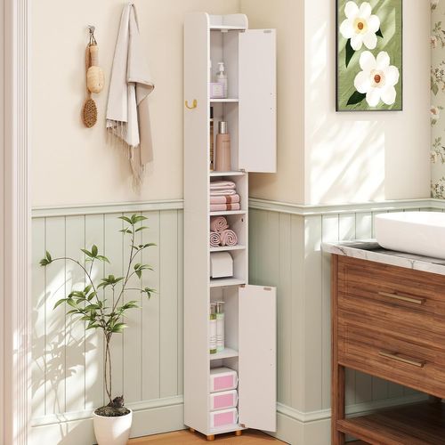 Armoire De Salle De Bain Haute, Organiseur Étroit Avec 2 Portes Et Étagères Réglables (blanc)