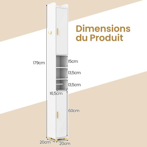 Armoire De Salle De Bain Haute, Organiseur Étroit Avec 2 Portes Et Étagères Réglables (blanc)
