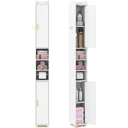 Armoire De Salle De Bain Haute, Organiseur Étroit Avec 2 Portes Et Étagères Réglables (blanc)