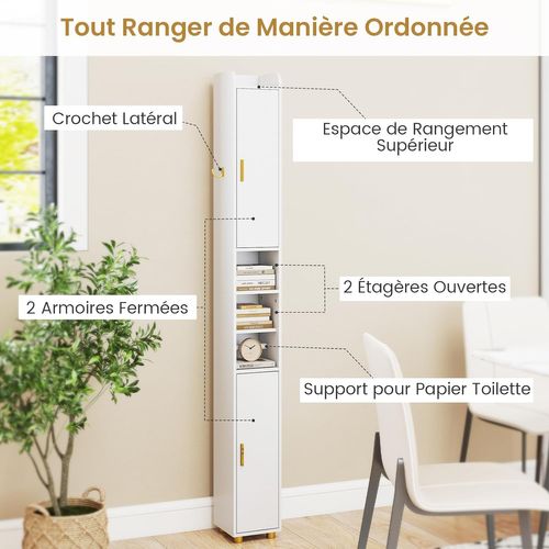 Armoire De Salle De Bain Haute, Organiseur Étroit Avec 2 Portes Et Étagères Réglables (blanc)