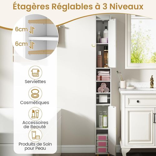 Armoire De Salle De Bain Haute, Organiseur Étroit Avec 2 Portes Et Étagères Réglables (blanc)