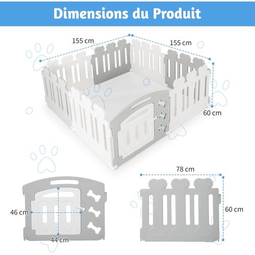 Parc Pour Chien à 8 Panneaux, Hdpe Pour Petits Moyens Animaux, 155 X 155 X 60 Cm (blanc+gris)