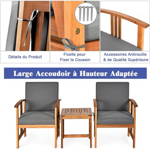 Ensemble De Meubles D'extérieur 3 Pièces En Bois D'acacia, Salon De Jardin Design Ergonomique