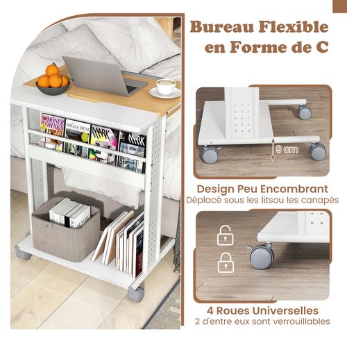 Table Bureau à Roulette, Bureau avec Étagères, Plateau Inclinable, Table d'Appoint en Forme de C