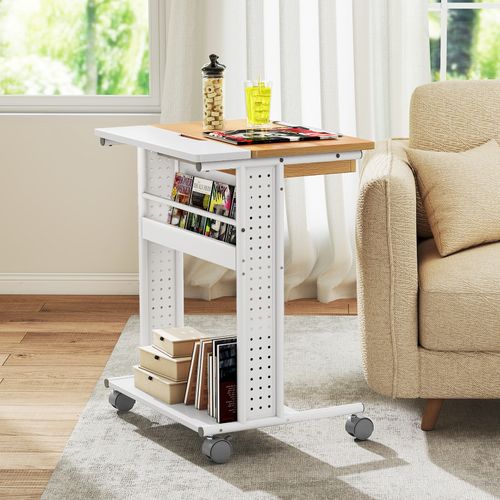 Table Bureau à Roulette, Bureau avec Étagères, Plateau Inclinable, Table d'Appoint en Forme de C