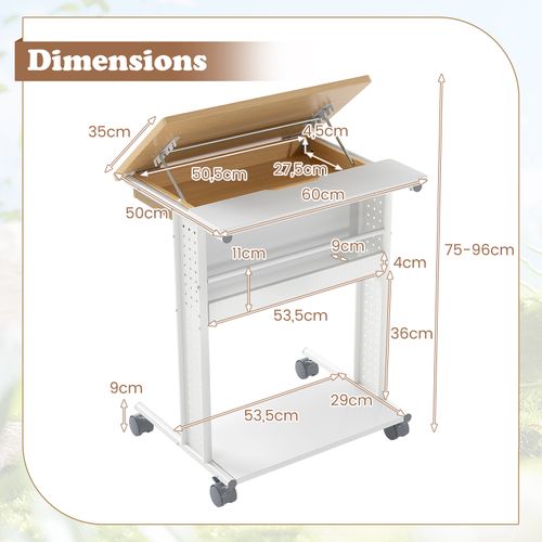 Table Bureau à Roulette, Bureau avec Étagères, Plateau Inclinable, Table d'Appoint en Forme de C
