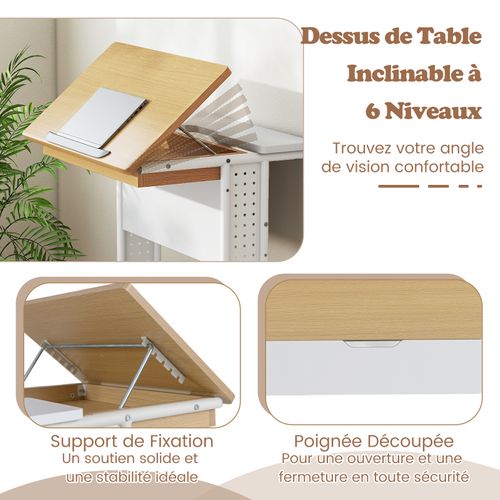 Table Bureau à Roulette, Bureau avec Étagères, Plateau Inclinable, Table d'Appoint en Forme de C