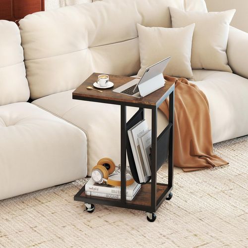 Table D'appoint à Roulettes En Forme De C, Bout De Canapé Industriel 3 Niveaux, Poche,cadre En Métal