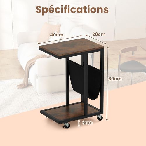 Table D'appoint à Roulettes En Forme De C, Bout De Canapé Industriel 3 Niveaux, Poche,cadre En Métal