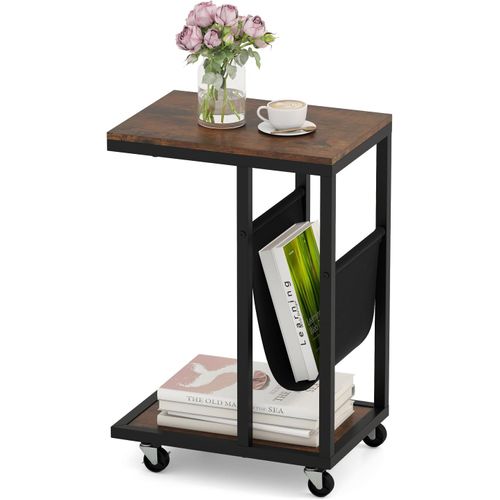 Table D'appoint à Roulettes En Forme De C, Bout De Canapé Industriel 3 Niveaux, Poche,cadre En Métal