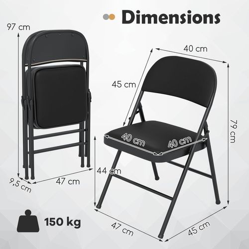 Lot De 2 Chaises Pliantes Rembourrées Avec Dossier Recouvert En Cuir Pvc, Noir (45 X 47 X 79)