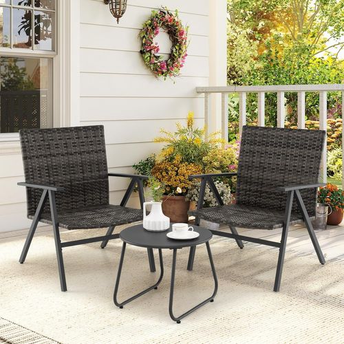 Ensemble De Bistro De Patio 3 Pièces, Fauteuils En Cadre Métallique, Siège Et Dossier En Rotin