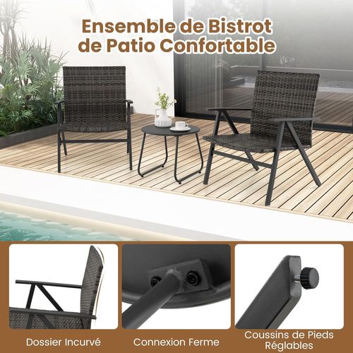 Ensemble De Bistro De Patio 3 Pièces, Fauteuils En Cadre Métallique, Siège Et Dossier En Rotin