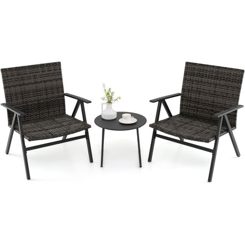 Ensemble De Bistro De Patio 3 Pièces, Fauteuils En Cadre Métallique, Siège Et Dossier En Rotin