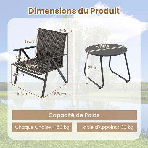 Ensemble De Bistro De Patio 3 Pièces, Fauteuils En Cadre Métallique, Siège Et Dossier En Rotin