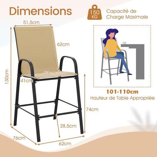 Lot De 2 Tabouret De Bar Exterieur, Repose-pieds, Cadre En Métal, 76 X 62 X 130 Cm