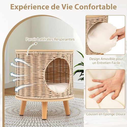 Maison Pour Chat En Rotin Avec Coussin Amovible, Pieds En Bois De Caoutchouc, 36 X 36 X 41 Cm